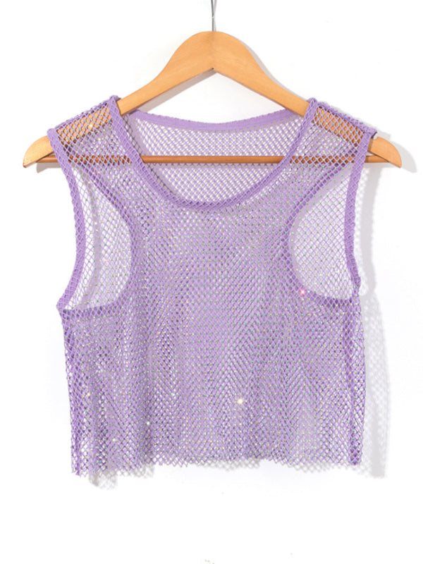 Drune | Sexy Mesh Blitz Diamant Fischernetz Weste Nachtclub Perspektive heißes Mädchen T-Shirt Top