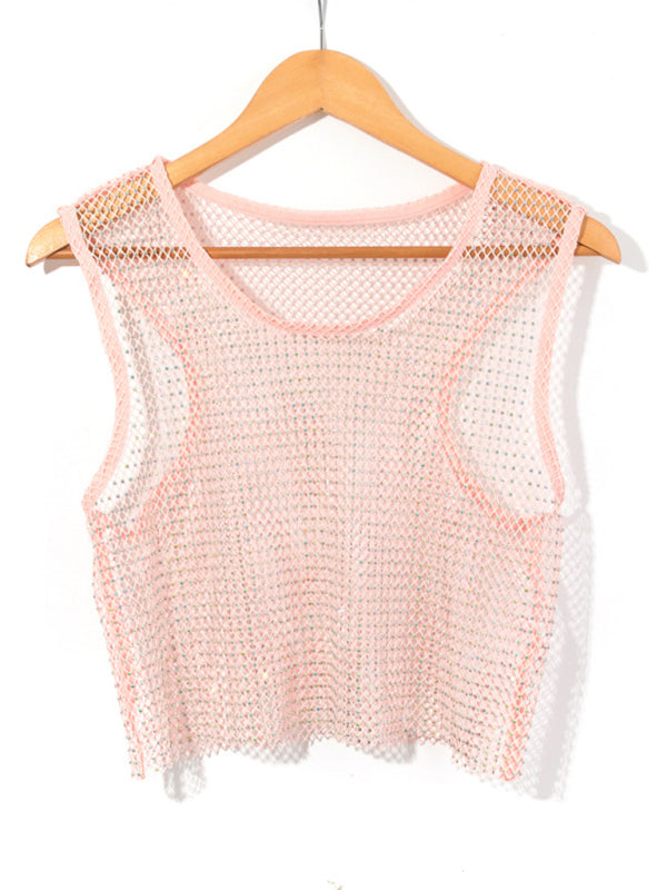 Drune | Sexy Mesh Blitz Diamant Fischernetz Weste Nachtclub Perspektive heißes Mädchen T-Shirt Top