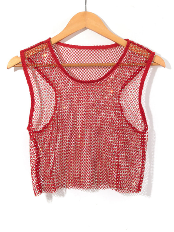 Drune | Sexy Mesh Blitz Diamant Fischernetz Weste Nachtclub Perspektive heißes Mädchen T-Shirt Top