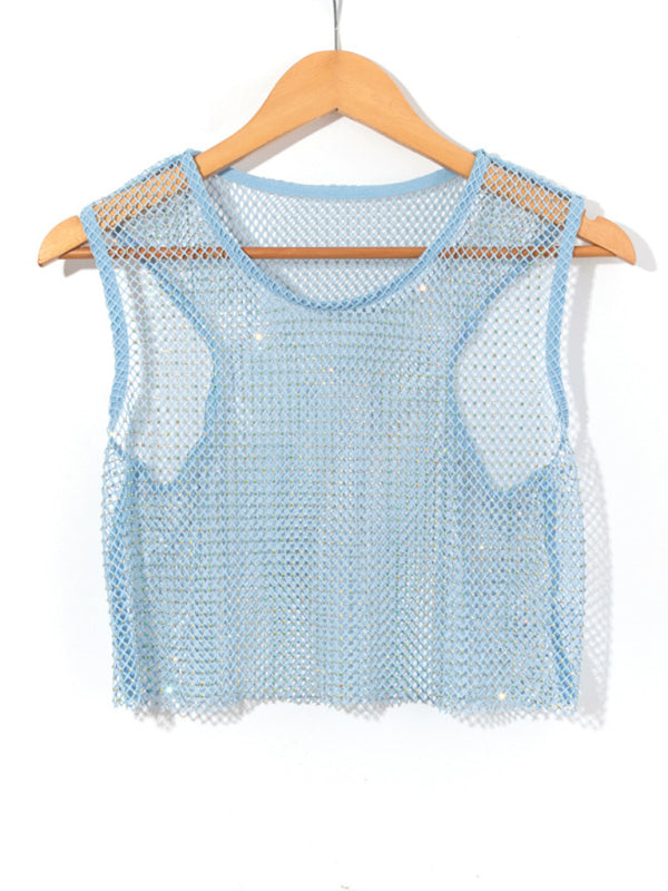 Drune | Sexy Mesh Blitz Diamant Fischernetz Weste Nachtclub Perspektive heißes Mädchen T-Shirt Top