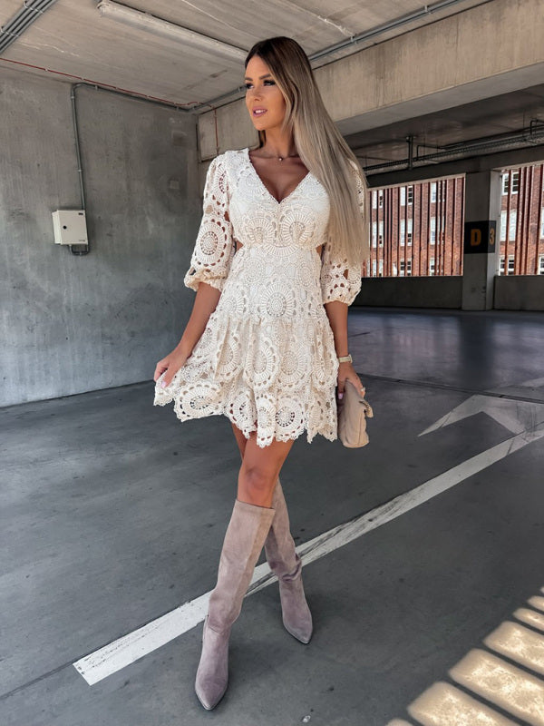Drune | Damen Unifarbene V-Ausschnitt Spitzenkleid