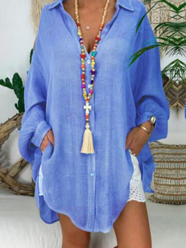 Drune | Baumwoll-Leinen-Shirt Plus Size Damen Knopf Locker Langarm Freizeitshirt Damen Oberteile
