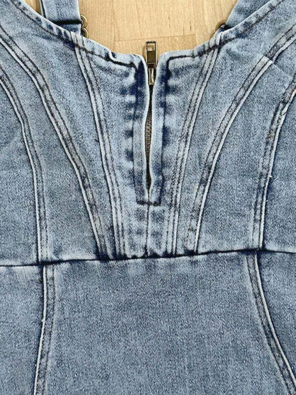 Drune | Kurzärmliges U-Ausschnitt Träger Lässiges Denim Kleid
