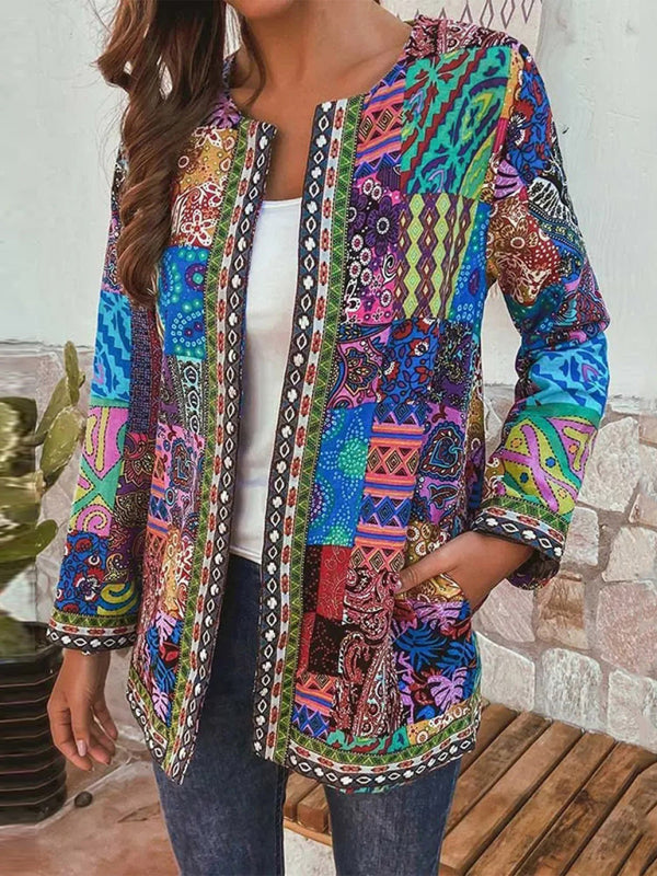Drune | Lässige retro Baumwolle und Leinen bedruckte lockere langärmelige Cardiganjacke