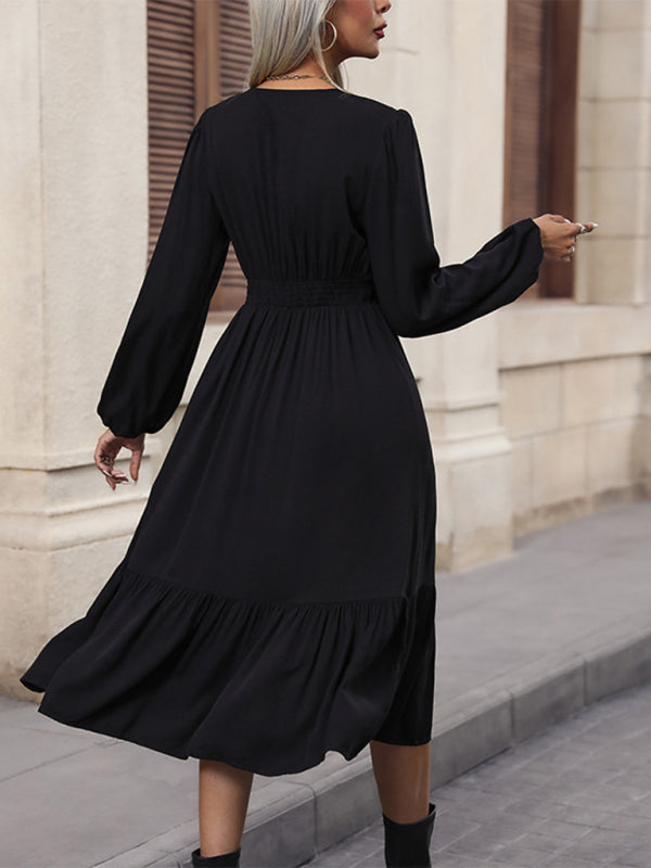 Drune | Neue Damenlangarm Einfarbige V-Ausschnitt Taillen Kleid