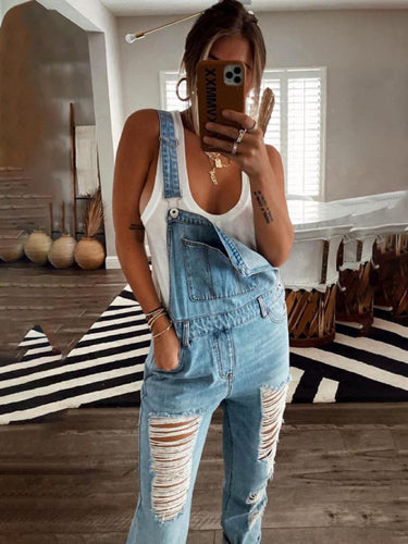 Drune | Neuer Stil Lässiger Pendler Zerrissener Mid Waist Denim Overall