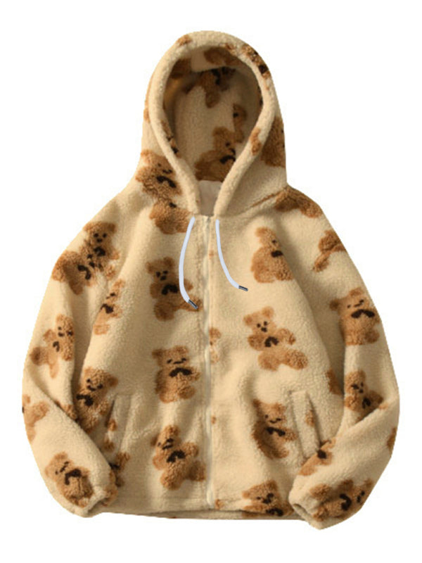 Drune | Teddy-Muster Lockeres Teddyfell Kapuzensweatshirt