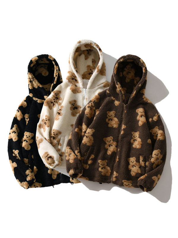 Drune | Teddy-Muster Lockeres Teddyfell Kapuzensweatshirt