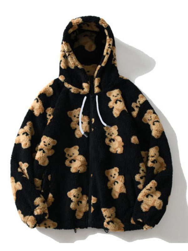 Drune | Teddy-Muster Lockeres Teddyfell Kapuzensweatshirt