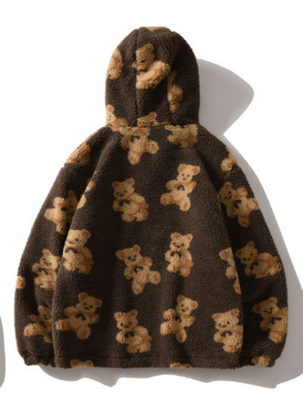 Drune | Teddy-Muster Lockeres Teddyfell Kapuzensweatshirt