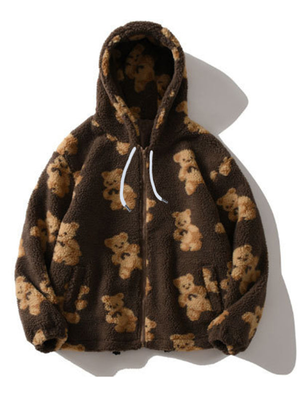 Drune | Teddy-Muster Lockeres Teddyfell Kapuzensweatshirt