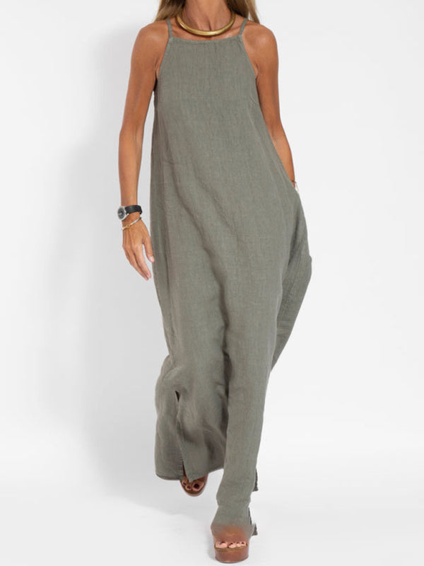 Drune | Neues modisches lässiges Baumwoll- und Leinen-Trägerkleid mit Schlitz