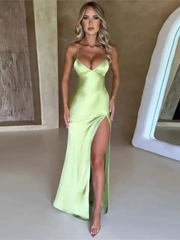 Drune | Damen Träger V-Ausschnitt Satin Schlitz sexy rückenfrei langes Kleid