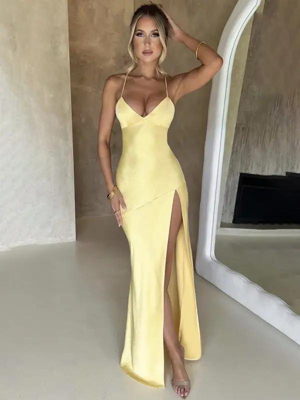 Drune | Damen Träger V-Ausschnitt Satin Schlitz sexy rückenfrei langes Kleid