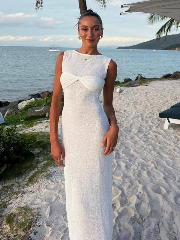 Drune | Ärmelloses enges Rundhals gestricktes einfarbiges Strandlangkleid