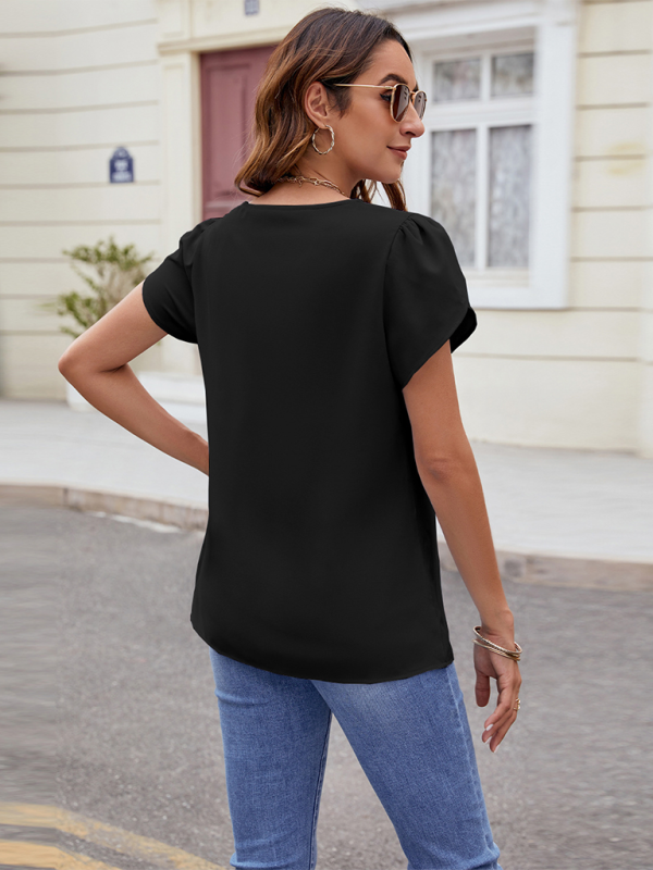 Drune | Neues einfarbiges V-Ausschnitt Kurzarm lockeres Chiffon-Shirt Perlenoberteil