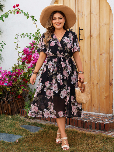 Drune | Plus-Size Damen V-Ausschnitt mit schwingenden Ärmeln tailliertes florales Kleid
