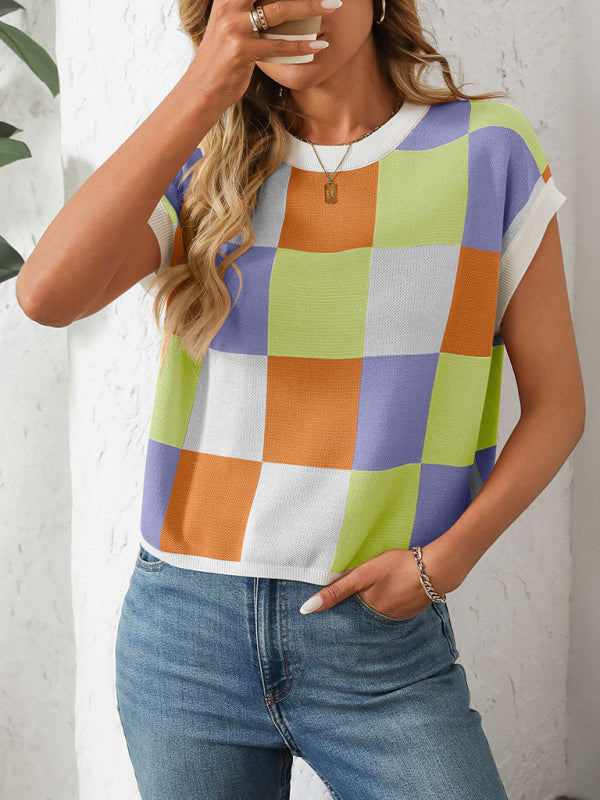 Drune | Colorblock Rundhalsausschnitt Schachbrett Pullover