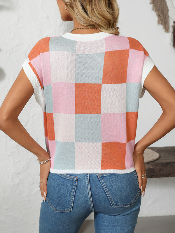 Drune | Colorblock Rundhalsausschnitt Schachbrett Pullover