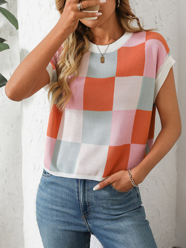 Drune | Colorblock Rundhalsausschnitt Schachbrett Pullover