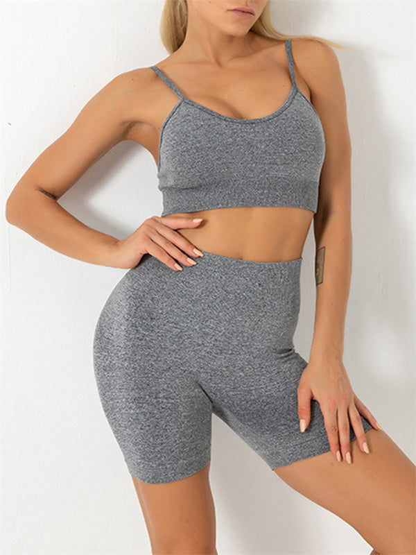 Drune | Damen Nahtloses Unifarbenes Cami Yoga Sport BH + Shorts Zweiteiliges Set