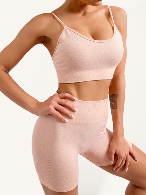 Drune | Damen Nahtloses Unifarbenes Cami Yoga Sport BH + Shorts Zweiteiliges Set