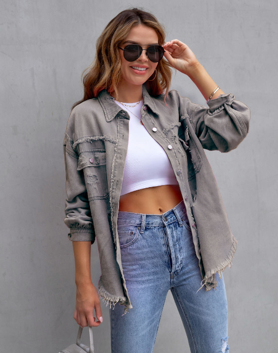 Drune | Zerrissene Denimjacke in Übergröße