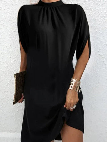 Drune | Modern Schwarz Midi Kleid mit Stehkragen