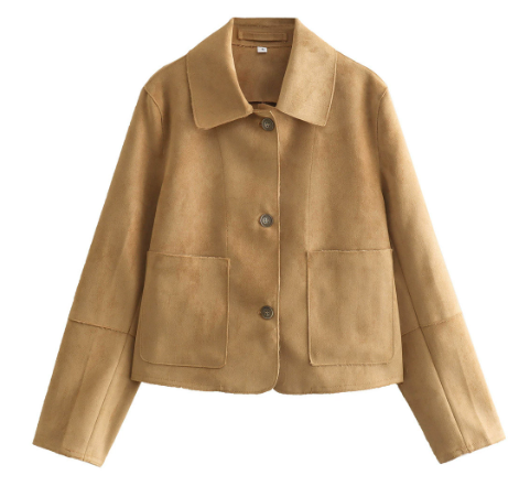 Damen Kurzjacke aus hochwertigem Wildlederimitat mit klassischen Knöpfen und praktischen Taschen Drune