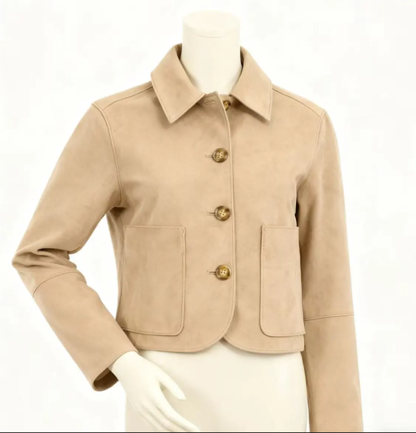Damen Kurzjacke aus hochwertigem Wildlederimitat mit klassischen Knöpfen und praktischen Taschen Drune
