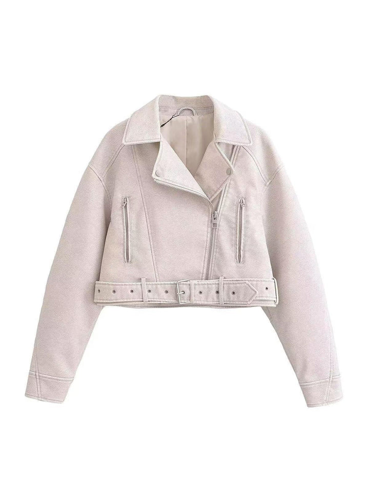 Drune | Leder Reverskragen Cropped Jacke mit Gürtel