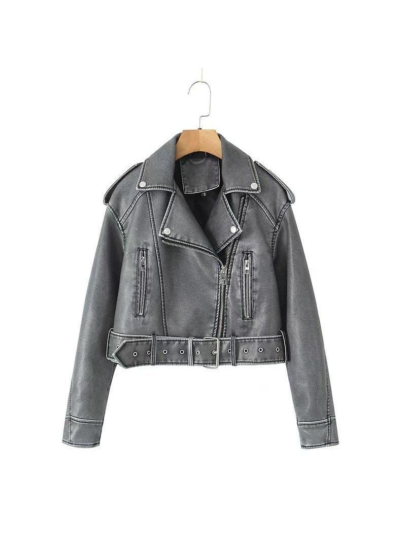 Drune | Leder Reverskragen Cropped Jacke mit Gürtel