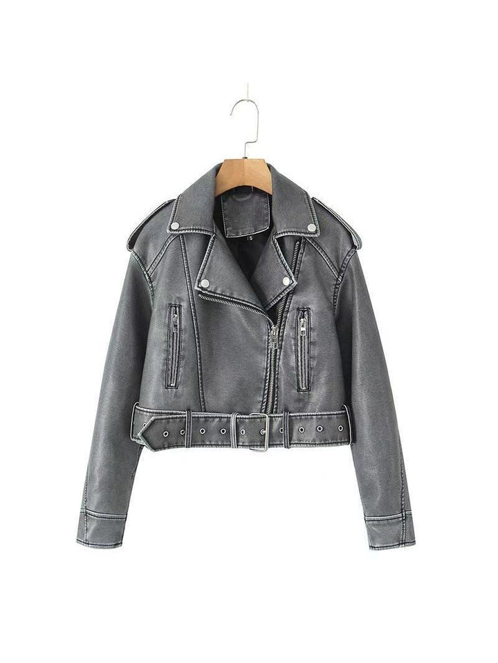 Drune | Leder Reverskragen Cropped Jacke mit Gürtel