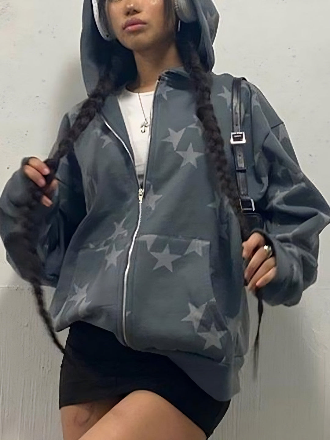 Drune | graue Stern-Hoodie mit Reißverschluss