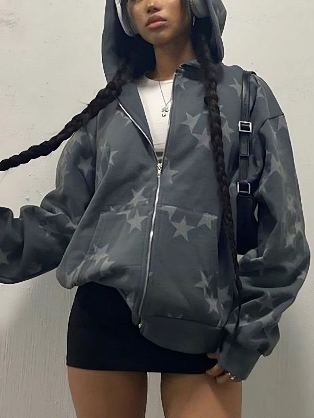 Drune | graue Stern-Hoodie mit Reißverschluss