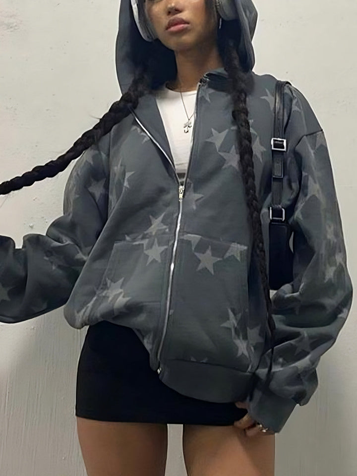 Drune | graue Stern-Hoodie mit Reißverschluss