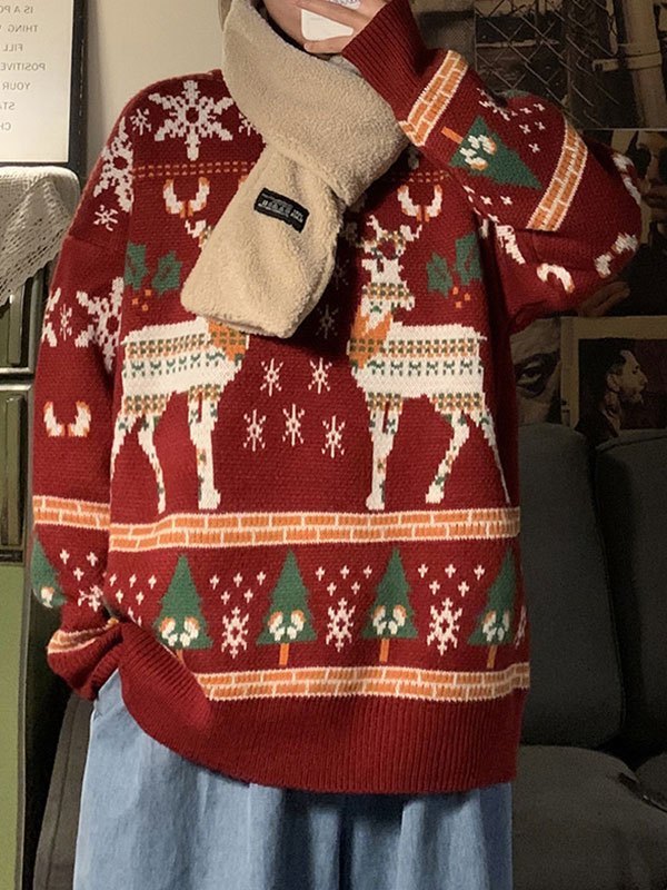 Drune | Vintage Rundhalsausschnitt Pullover mit Weihnachtshirschdruck