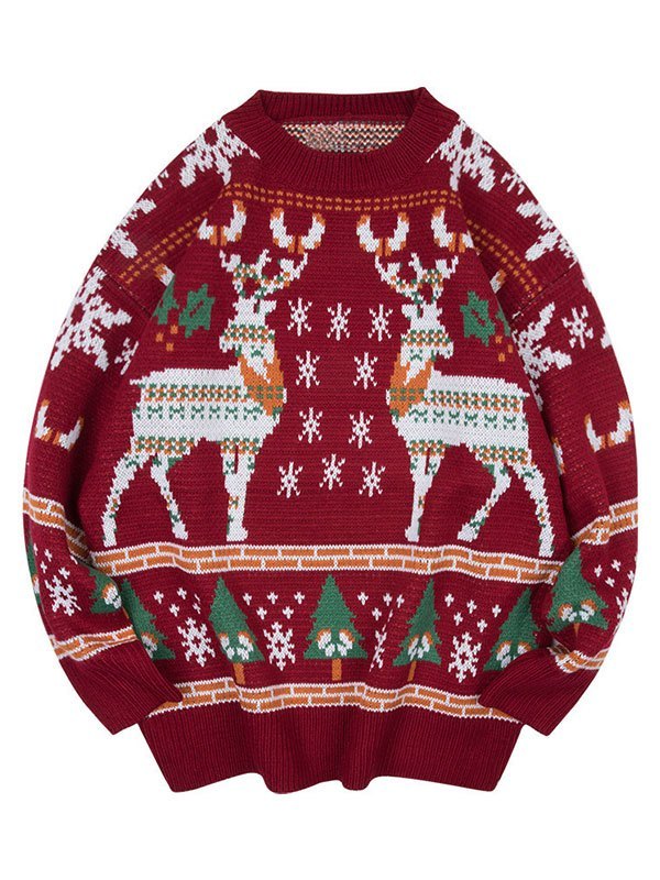 Drune | Vintage Rundhalsausschnitt Pullover mit Weihnachtshirschdruck