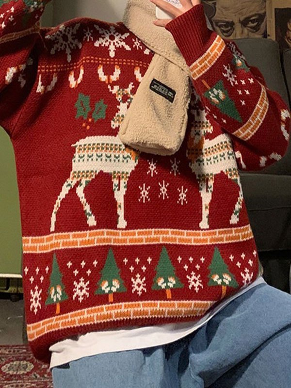 Drune | Vintage Rundhalsausschnitt Pullover mit Weihnachtshirschdruck