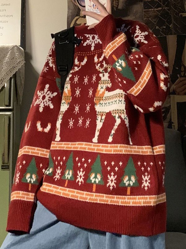 Drune | Vintage Rundhalsausschnitt Pullover mit Weihnachtshirschdruck