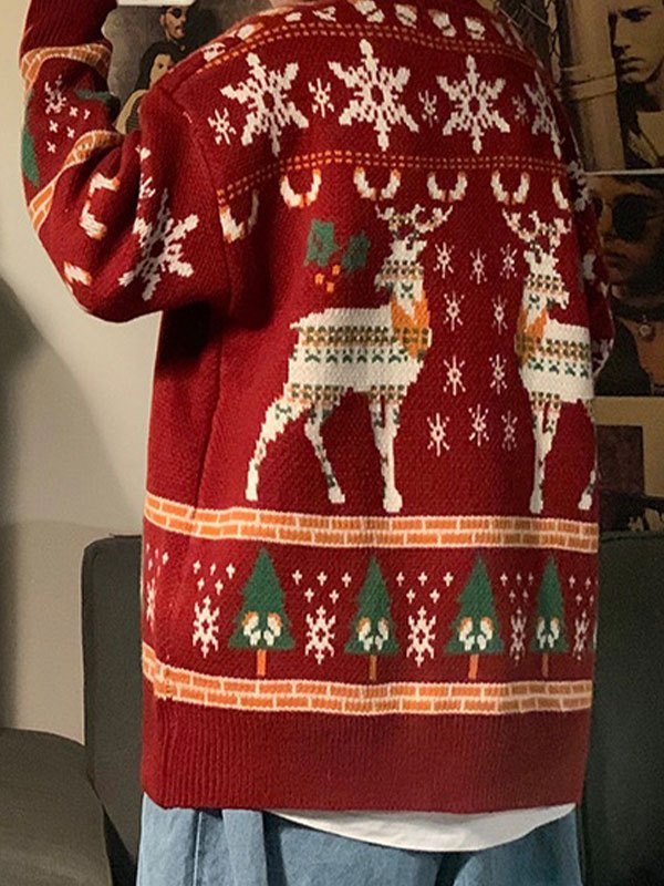 Drune | Vintage Rundhalsausschnitt Pullover mit Weihnachtshirschdruck