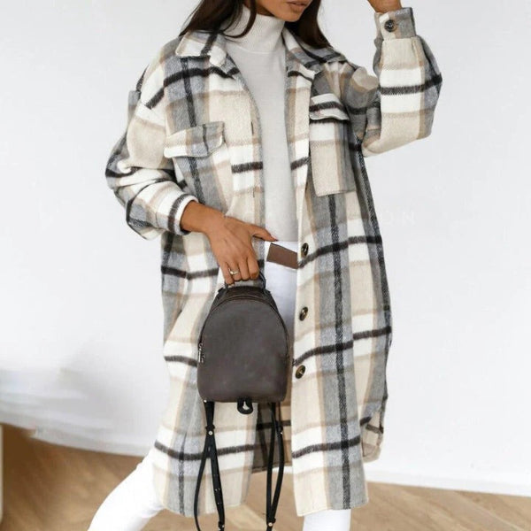 Drune | Damen Karo-Jacke – Wollmischung – Oversized-Passform – Knielänge – Knopfverschluss