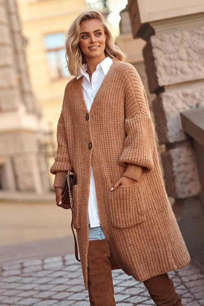 Drune | Strickjacke - Oversized Fit - Wolle - Langes Modell - Knopfschluss - Taschen