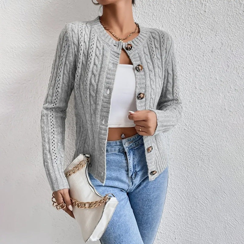 Drune | Cardigan Fitted Wolle-Mischung Kabelstrick Knopf-Front Langarm