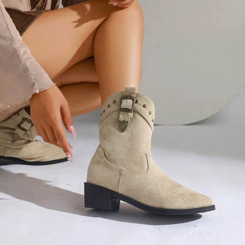 Drune | Mid-Tube Stiefel - Wildleder-Textur - Spitz zulaufend - Dicke Ferse - Schnalle & Nieten