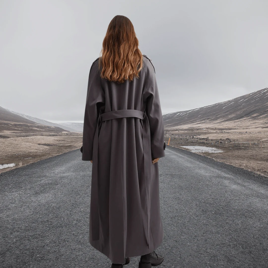 Drune | Trench Mantel Wollmischung Relaxed Passform Vollständig Länge Krawatte Gürtel
