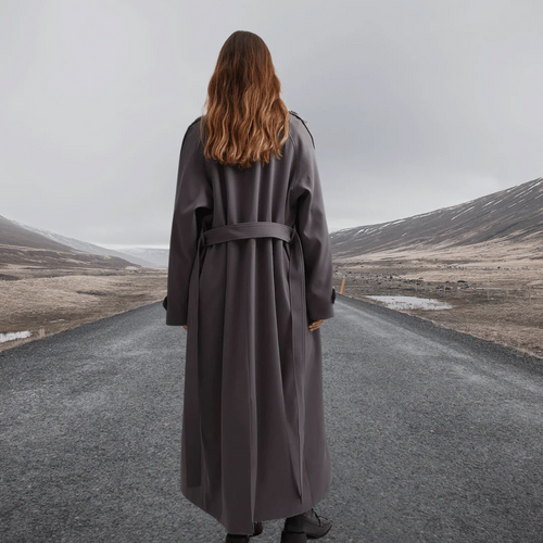 Drune | Trench Mantel Wollmischung Relaxed Passform Vollständig Länge Krawatte Gürtel