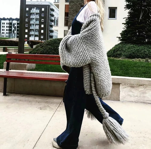 Drune | Strickjacke Grobstrick Übergröße Passform Geflochtenem Taillengürtel Langarm