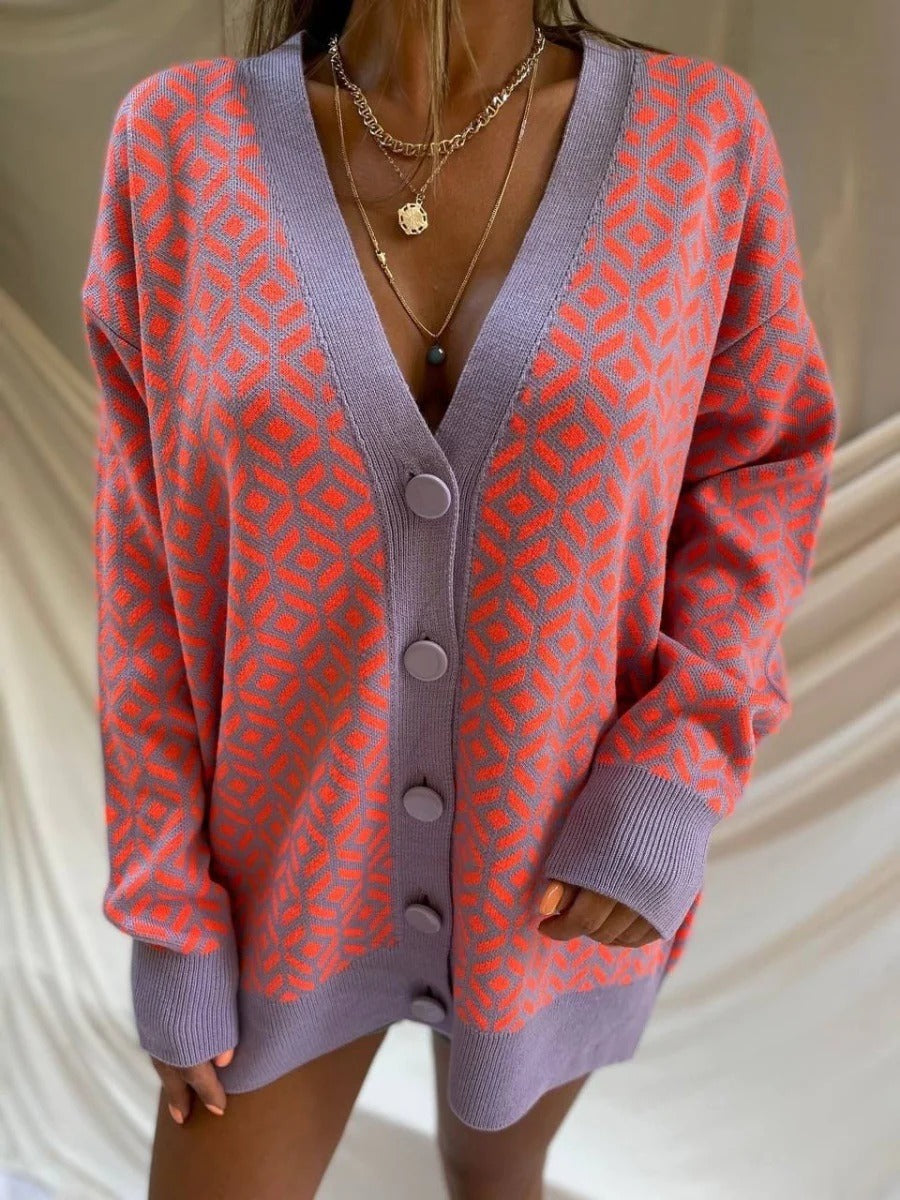 Drune | Strickjacke Strick Übergröße Passform Wollmischung V-Ausschnitt Geometrisches Muster