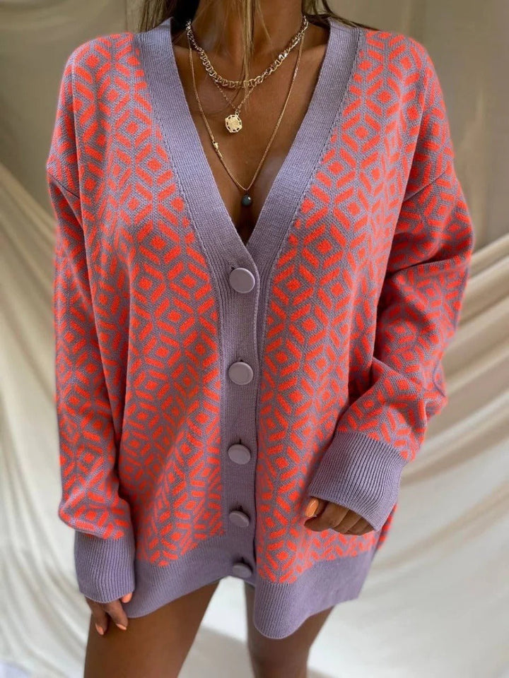 Drune | Strickjacke Strick Übergröße Passform Wollmischung V-Ausschnitt Geometrisches Muster